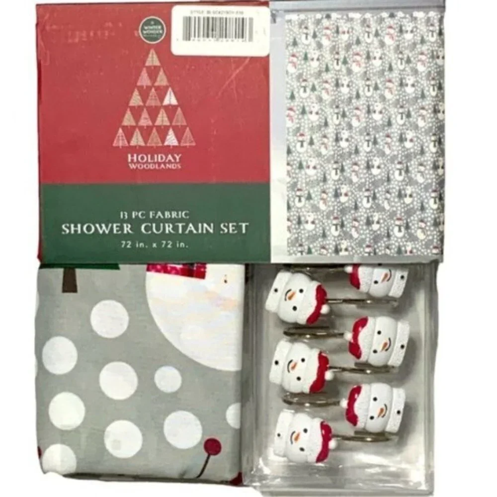 Christmas Bath Snowman Santa Fabric Shower Curtain 72 x 72 Hook Set Grey 13 PC
